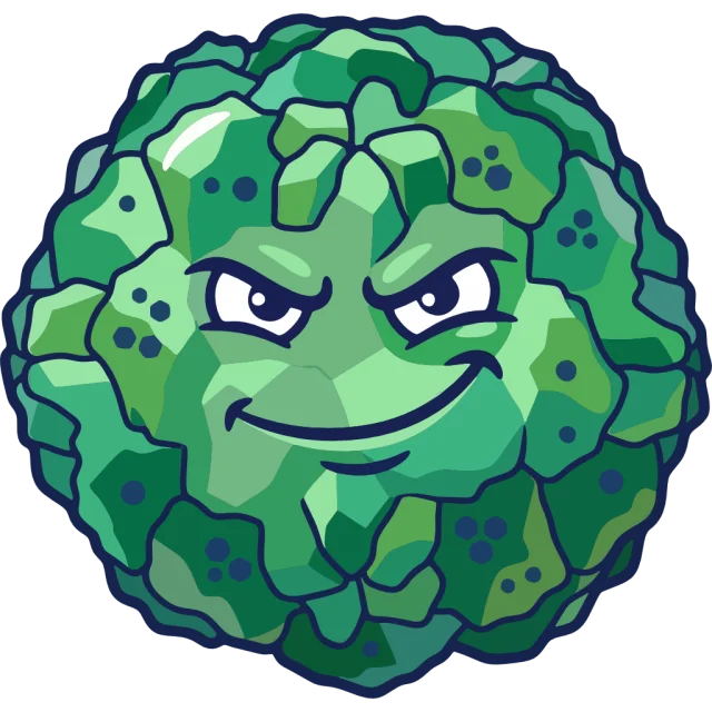Rhinovirus Prime, the first boss in Antigen Drift: a faceted green virus with a smug grin.