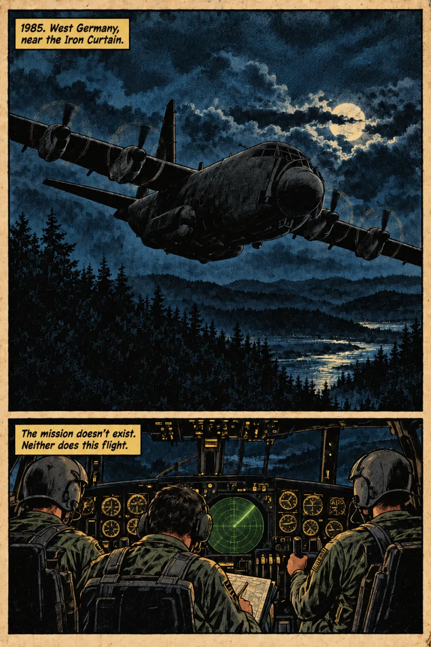 Iron Corvus, issue 1, page 1: a black MC-130 flies low over a moonlit forest. Caption: 1985. West Germany, near the Iron Curtain. Below, the cockpit crew at their instruments. Caption: The mission doesn't exist. Neither does this flight.