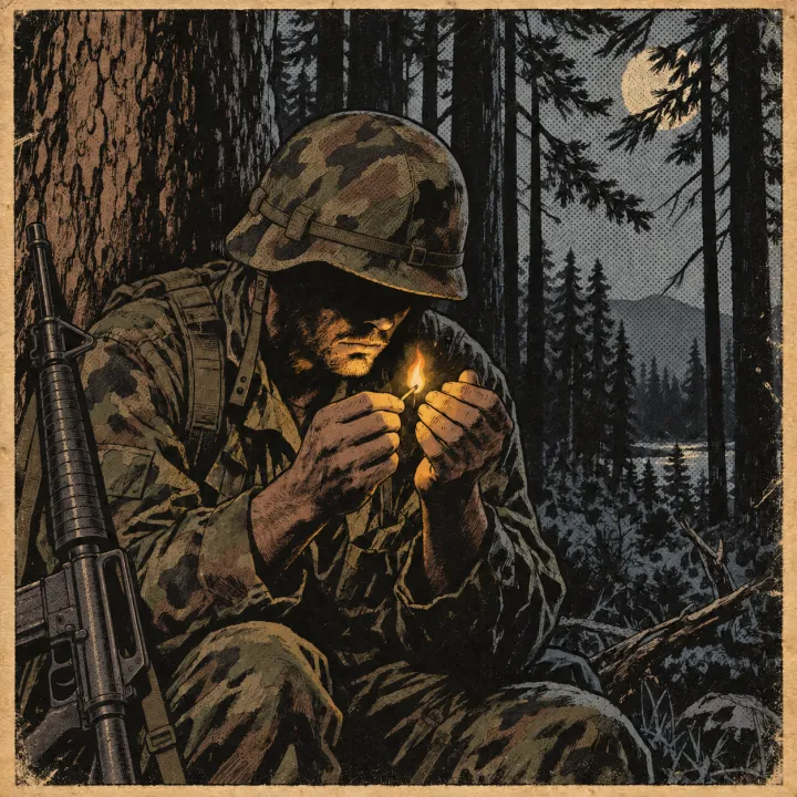 A soldier in 1980s woodland camouflage crouches against a tree at night, shielding a lit match with his hands. A rifle leans beside him and the moon shows through the pines.