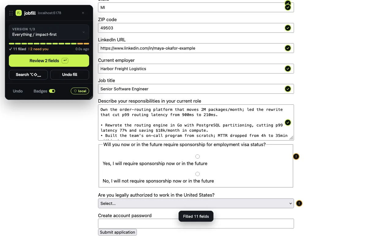 The jobfill panel beside a job application form with sample data. Eleven fields are filled and checked, and two are flagged for the applicant to review.