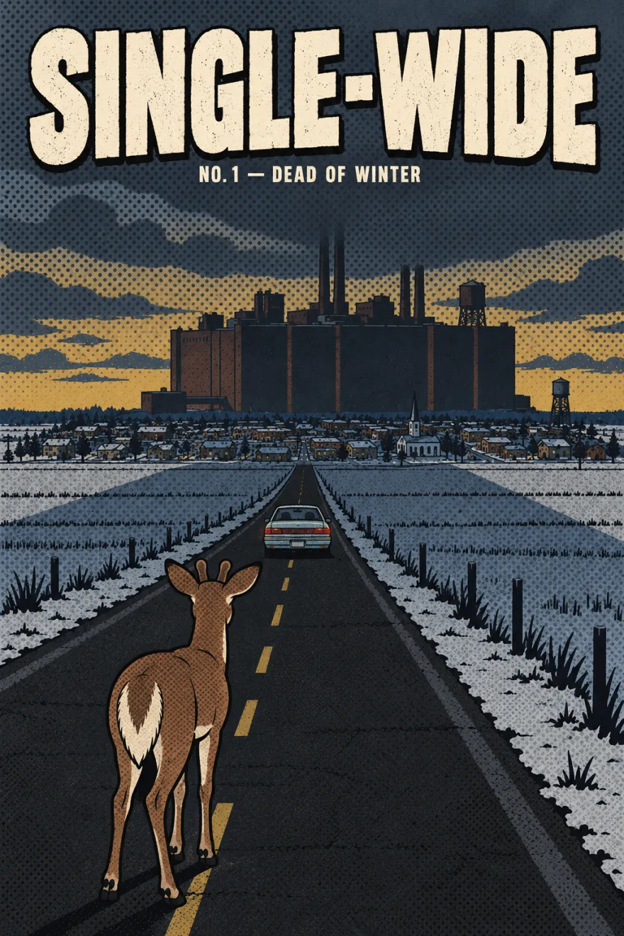 Single-Wide No. 1, Dead of Winter. A deer stands on a two-lane road at dusk, watching a sedan drive toward a small snow-covered town under an enormous dark factory.