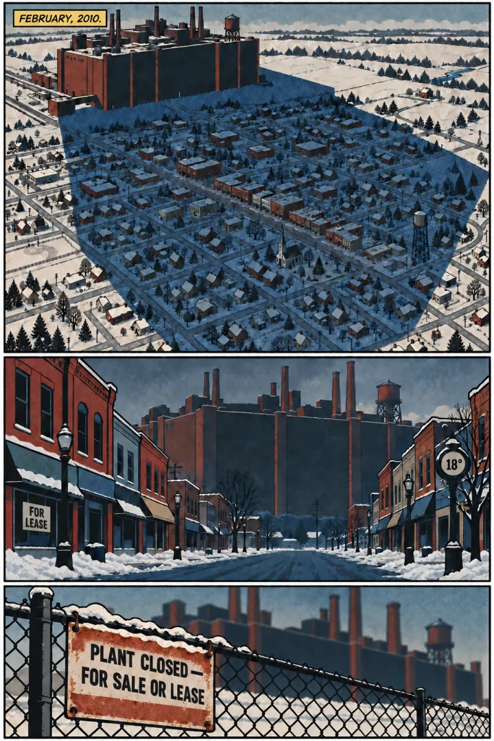 Single-Wide, chapter 1, page 1. February, 2010: an aerial view of a small snowy town lying in the shadow of a huge factory, then its empty main street with a For Lease sign, then a fence sign reading Plant Closed, For Sale or Lease.